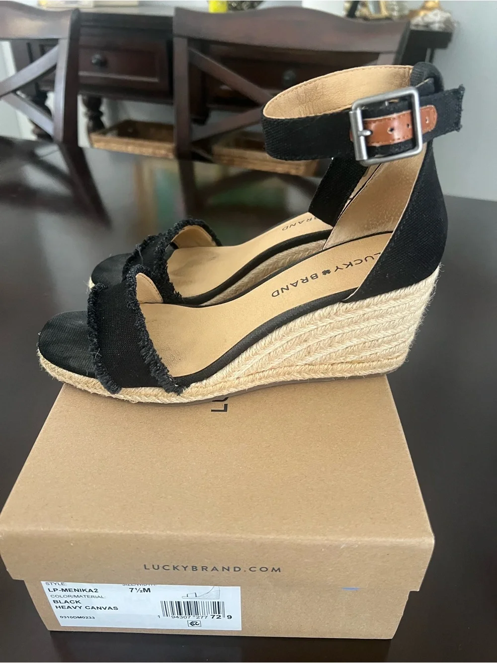 Lucky Brand Black Frayed-Trim Ankle Strap Espadrilles
